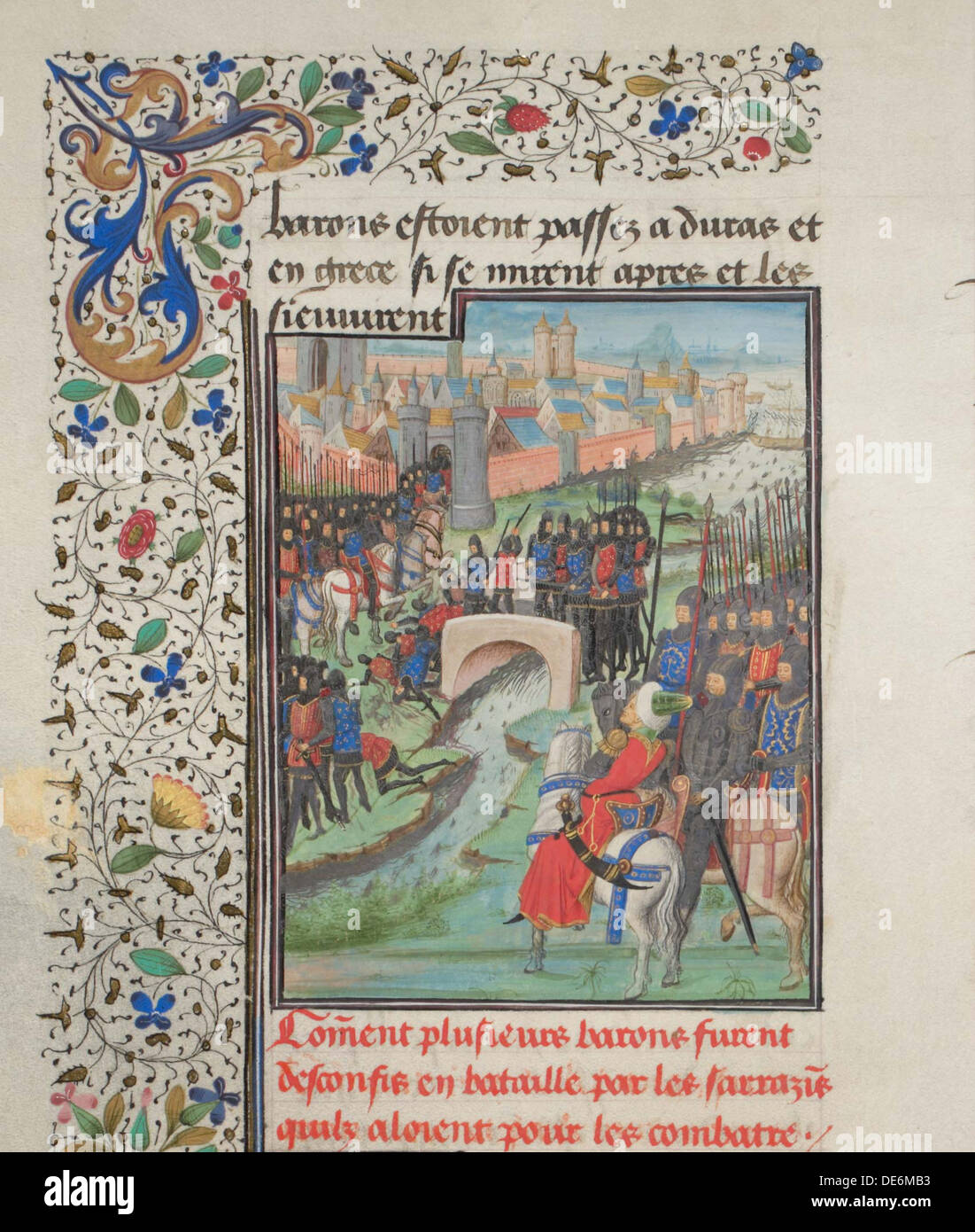 Scontro tra l'esercito dei baroni e dei saraceni. Miniatura di Historia da Guglielmo di pneumatico, 1460s. Artista: Anonimo Foto Stock