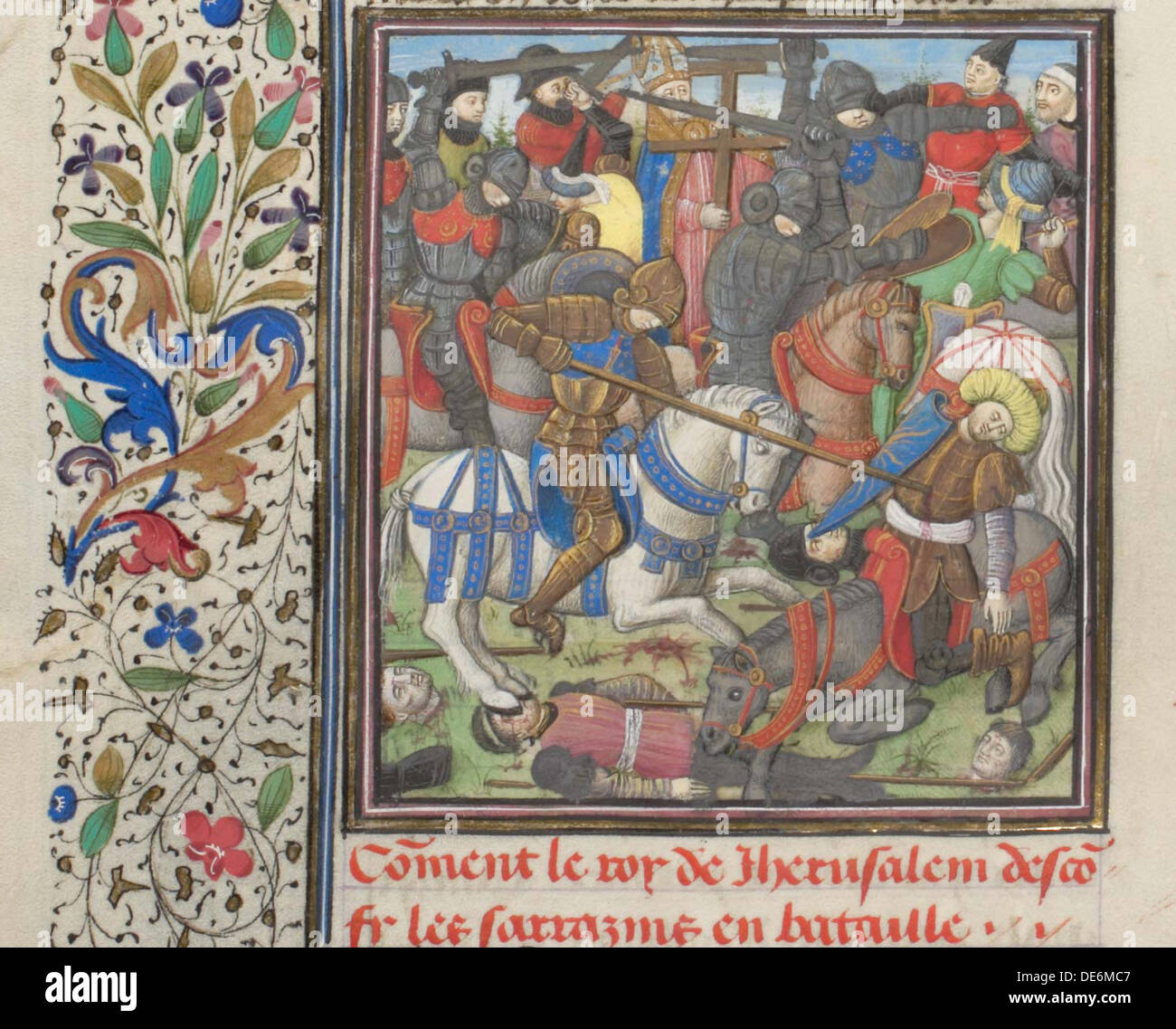 La battaglia tra i crociati e saraceni. Miniatura di Historia da Guglielmo di pneumatico, 1460s. Artista: Anonimo Foto Stock