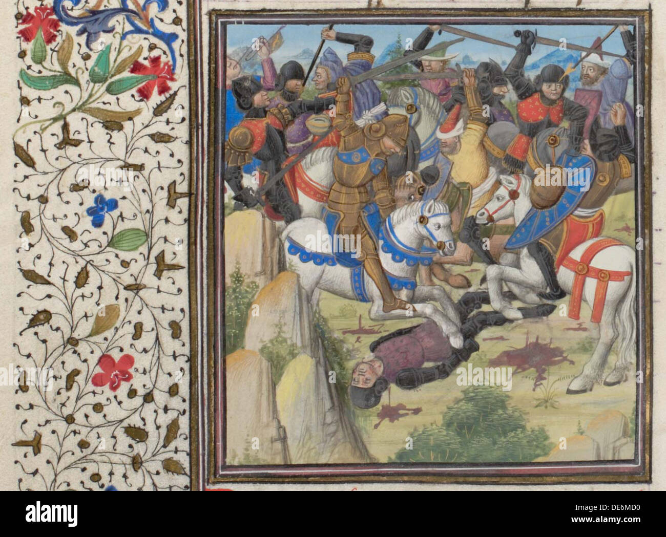 Lotta tra cristiani e Saraceni sotto Saladino. Miniatura di Historia da Guglielmo di pneumatico, 1460s. Artista: Anonimo Foto Stock