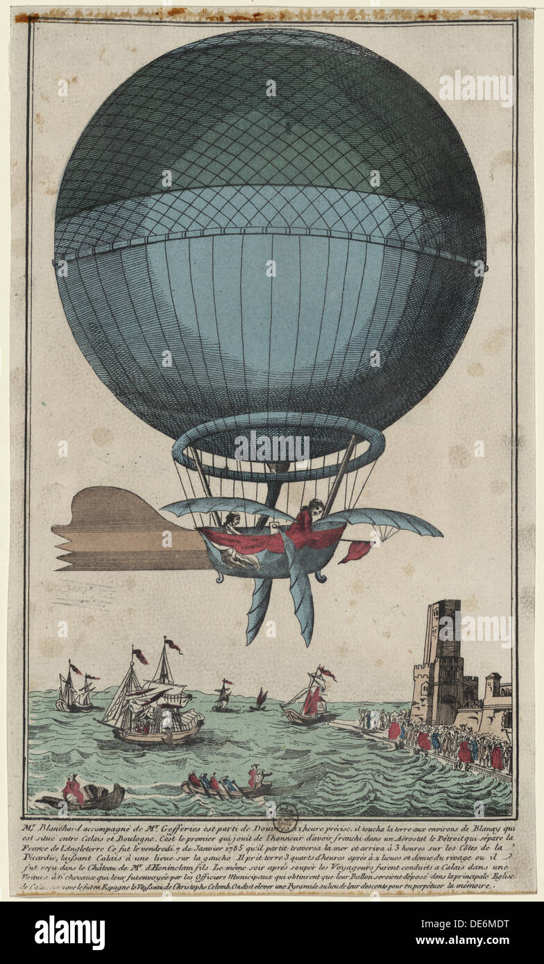 Jean Pierre Blanchard e John Jefferies arrivando a Calais dopo aver attraversato il canale in inglese in mongolfiera, 1785. Artista: Anonimo Foto Stock