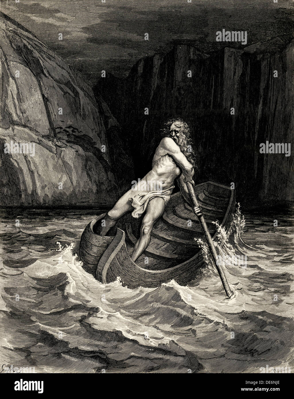 Arrivo di Caronte. Illustrazione della Divina Commedia di Dante Alighieri, 1857. Artista: Doré Gustave (1832-1883) Foto Stock