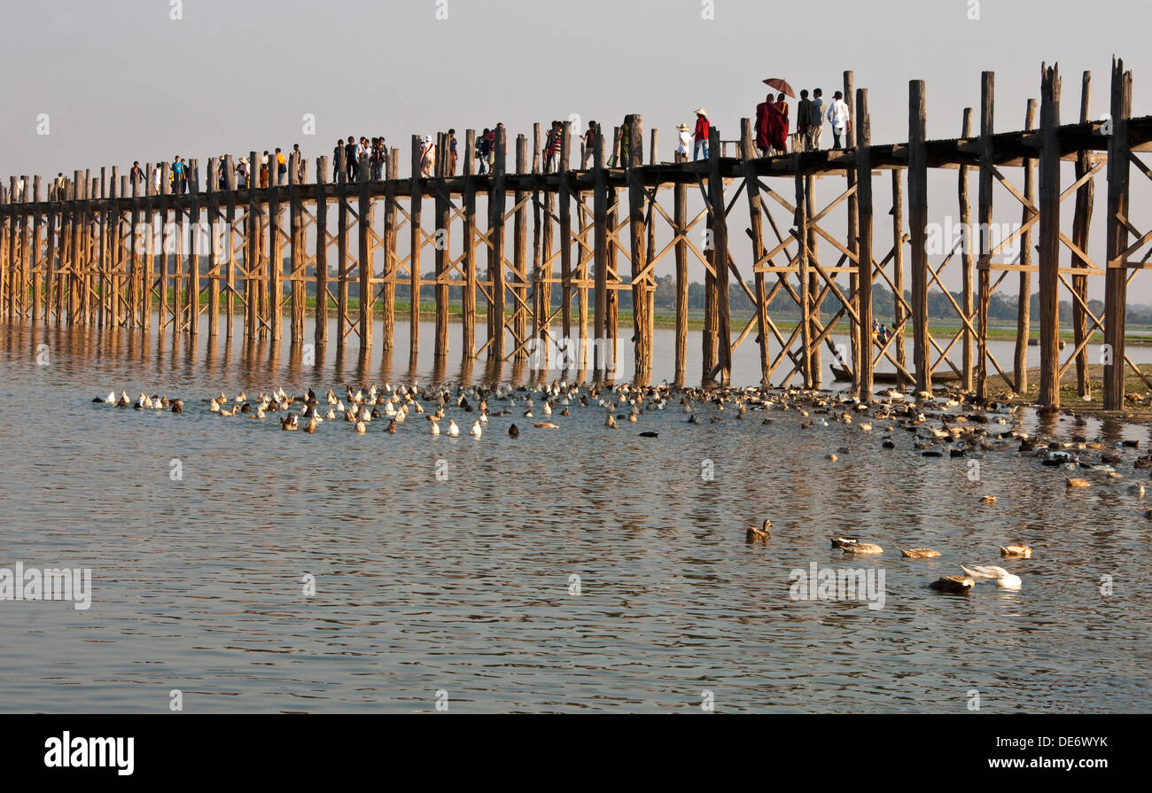 U Bien ponte pedonale realizzato in legno di teak, sul duck-riempito il lago Taungthaman ad Amarapura, vicino a Mandalay. Foto Stock