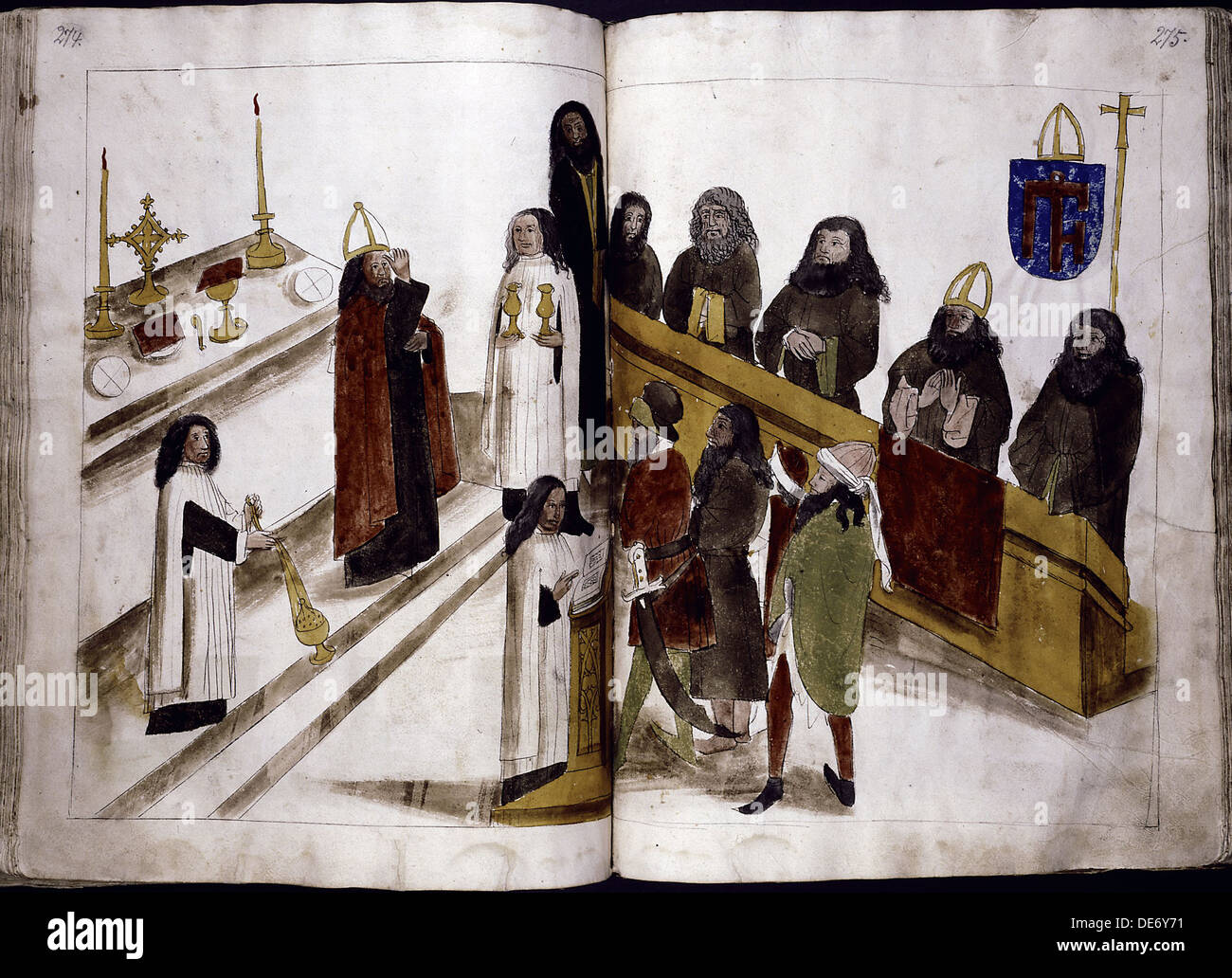 Il servizio divino secondo il rito greco-ortodosso (da: Ulrich Richental Cronaca del Concilio di Costanza), 1414-1418. Artista: Anonimo Foto Stock