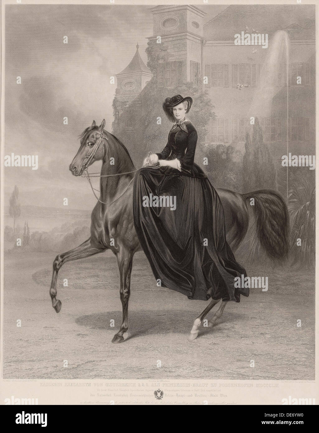 Ritratto di Elisabetta di Baviera a cavallo, 1853. Artista: Fleischmann, Andreas Johann (1811-1878) Foto Stock