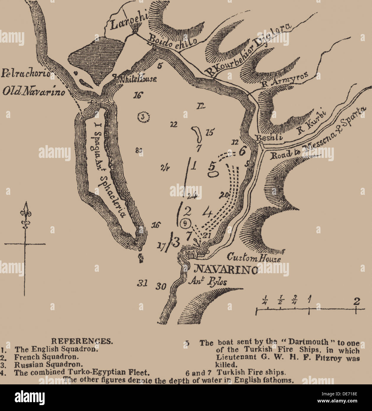 Mappa di Navarino bay, primo quarto del XIX sec.. Artista: maestro anonimo Foto Stock