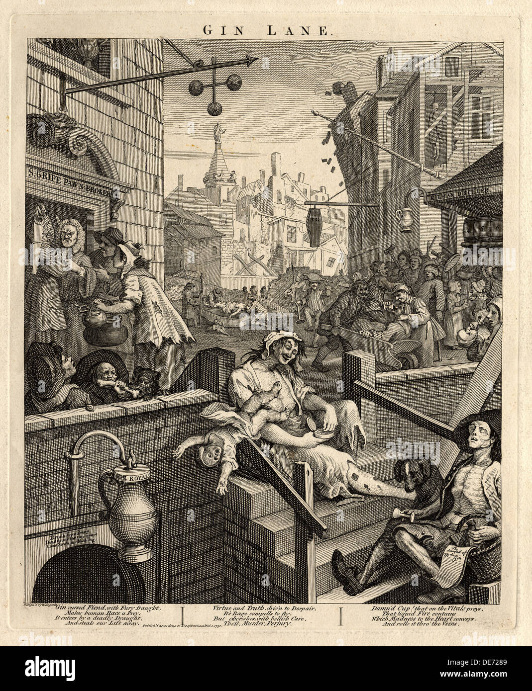 Il Gin Lane (birra Street e Gin corsia 2), 1751. Artista: Hogarth, William (1697-1764) Foto Stock