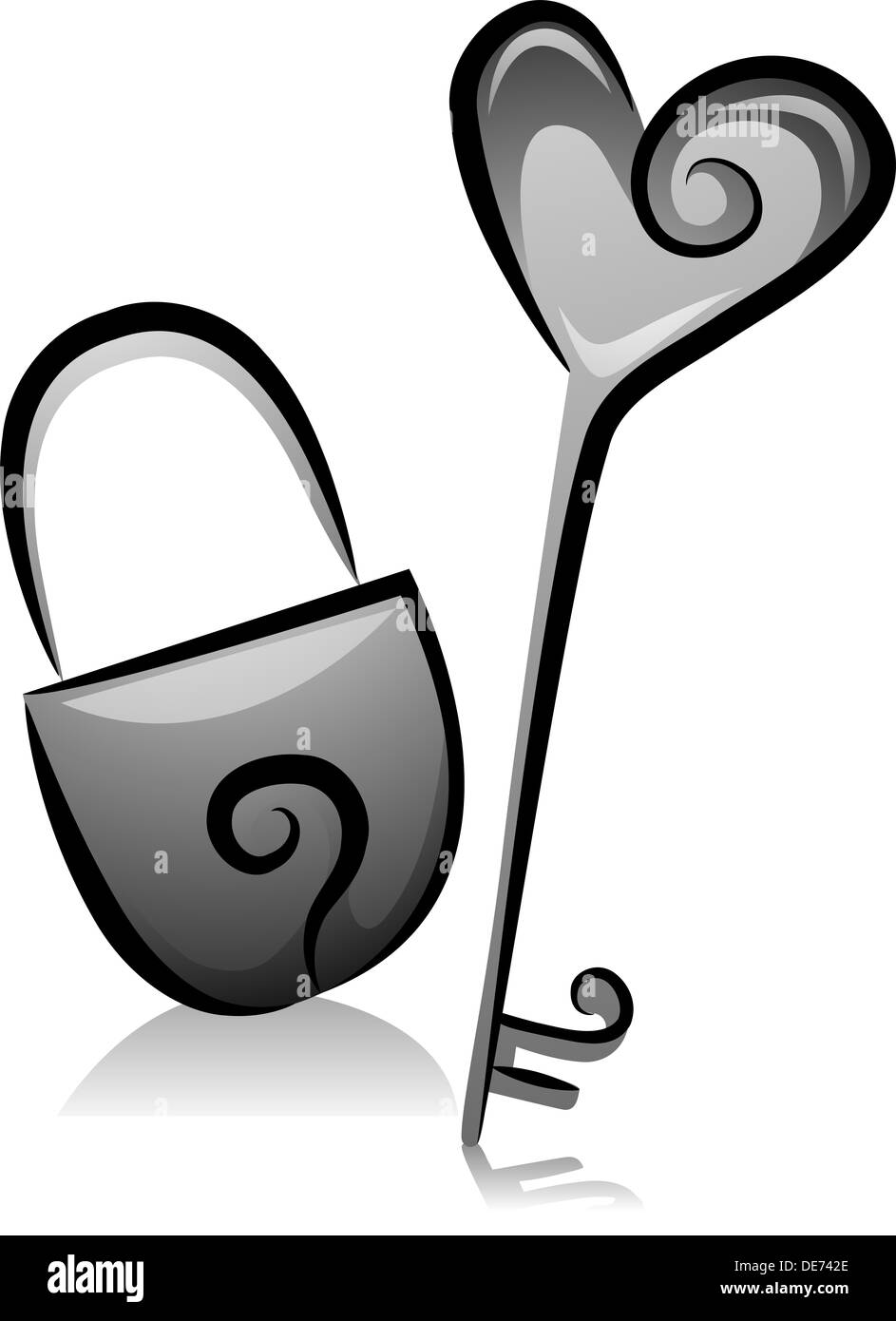 Illustrazione di un lucchetto e chiave in bianco e nero Foto Stock