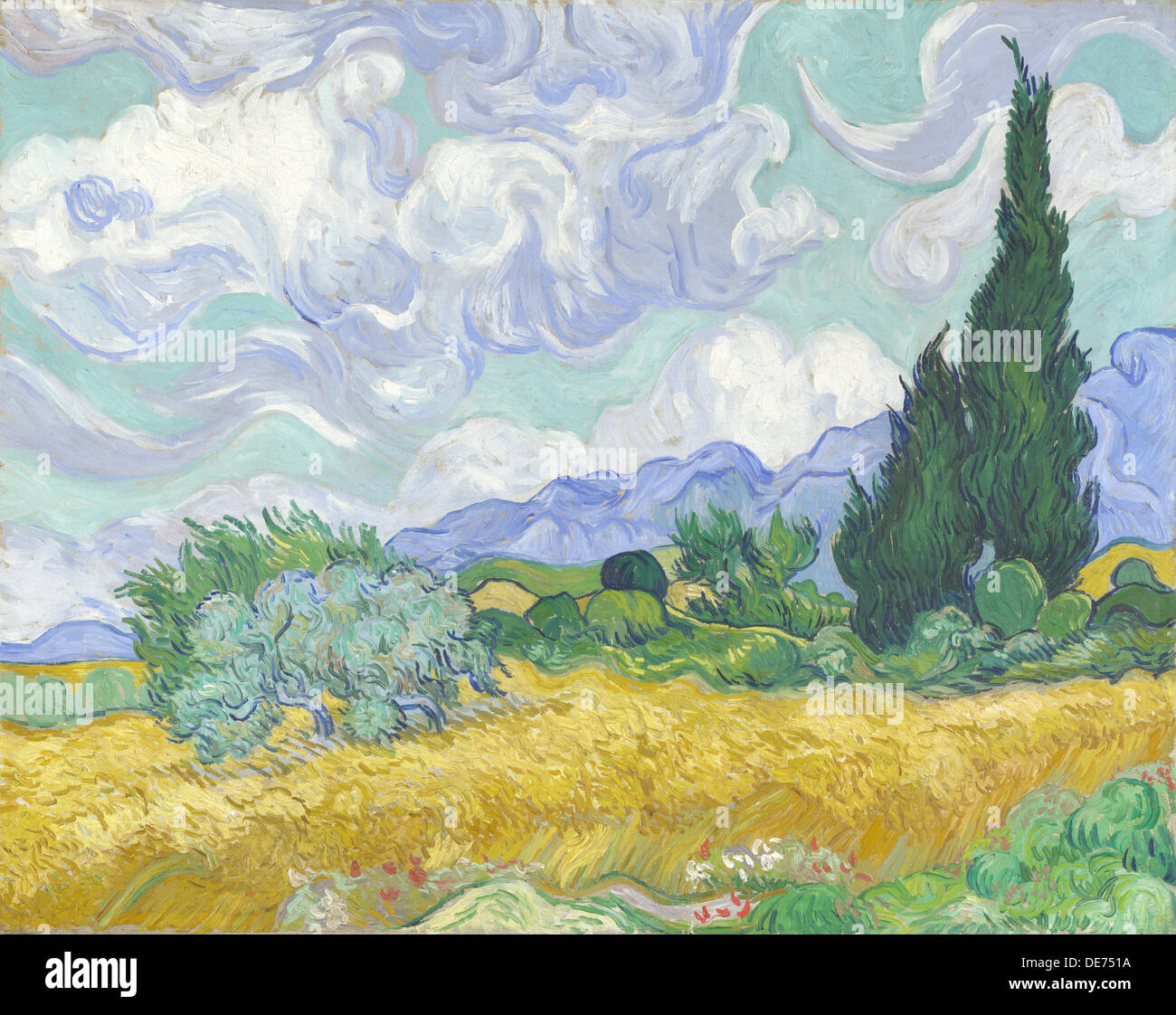 Un Wheatfield, con cipressi, 1889. Artista: Gogh, Vincent van (1853-1890) Foto Stock