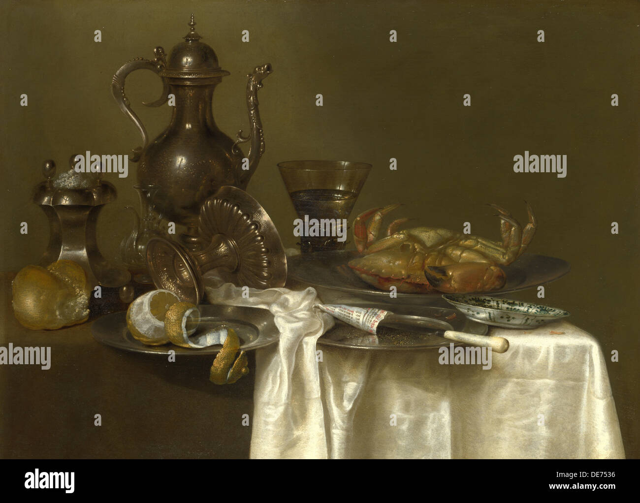 Ancora in vita: peltro, Recipienti d'argento e un granchio, ca 1636. Artista: Heda, Willem Claesz (1594-1680) Foto Stock
