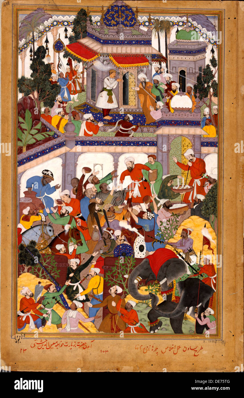 Akbar visita il Santuario di Khwajah Mu'in ad-Din Chishti ad Ajmer, ca 1590. Artista: Basawan (attivo 1580-1600) Foto Stock