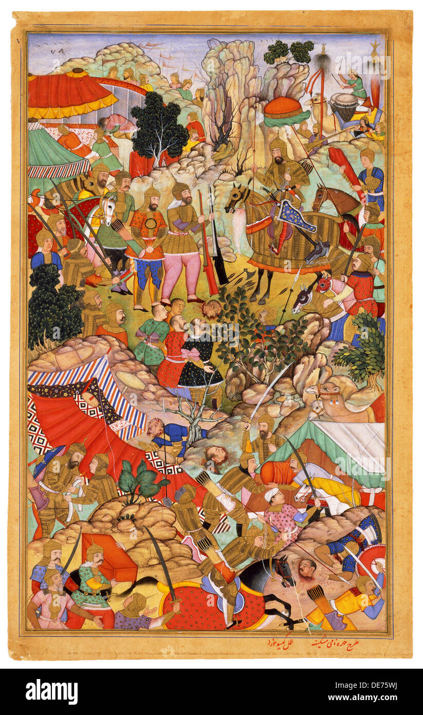 Tayang Khan ha presentato con la testa del Leader mongolo Unga Khan (miniatura di Jami' al-tawarikh (Storia Universale), c. 1596. Artista: Miskina (ACT Foto Stock