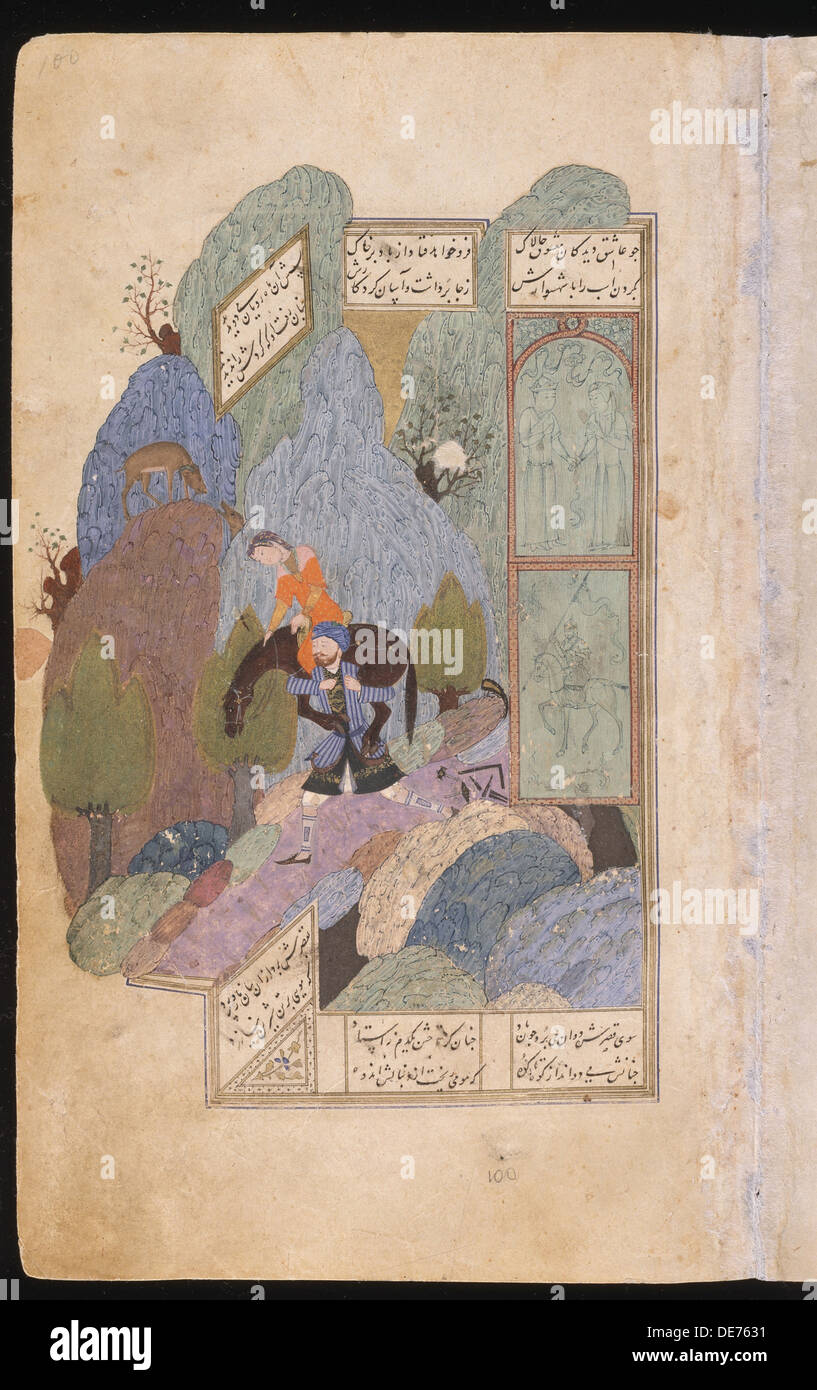 Farhad porta Shirin e il suo cavallo sulle spalle, 1431. Artista: maestro iraniano Foto Stock