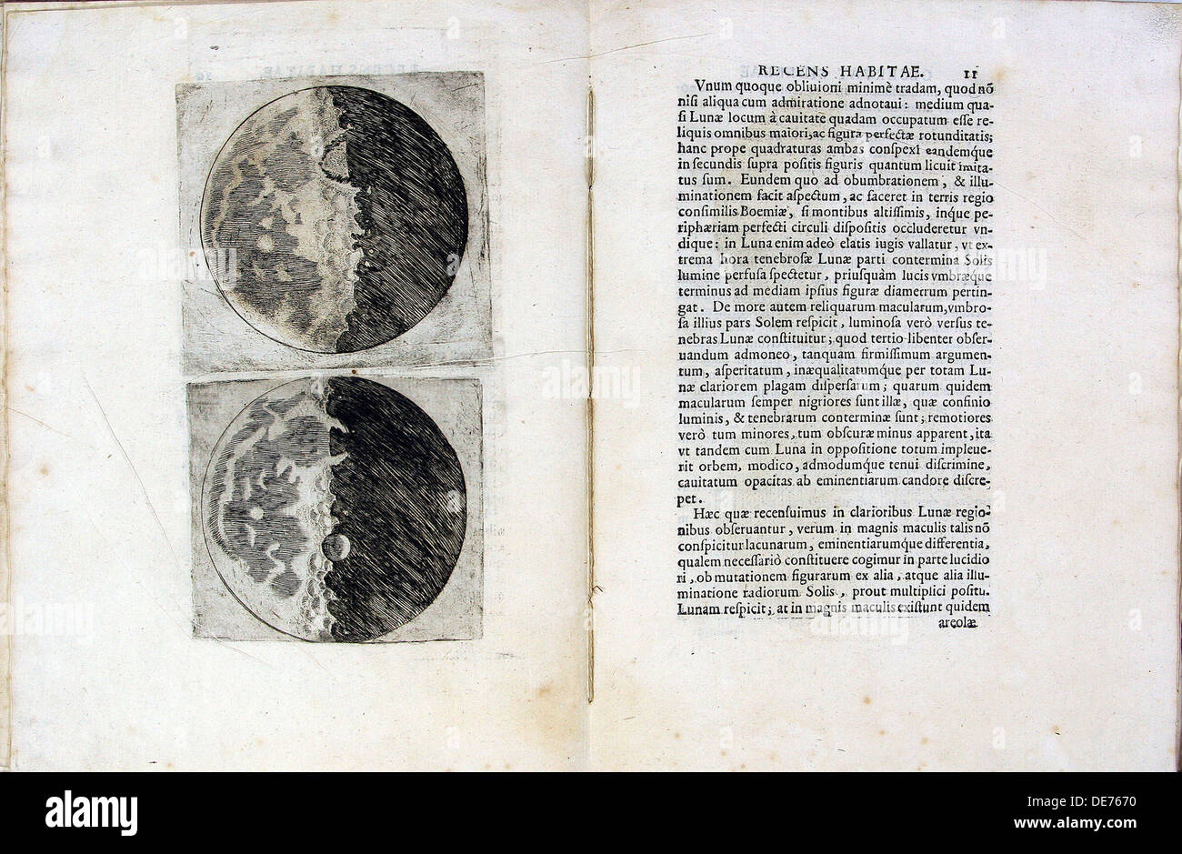 Foglia di libro Sidereus Nuncius (siderale Messenger) da Galileo Galilei, 1610. Artista: Galilei, Galileo (1564-1642) Foto Stock