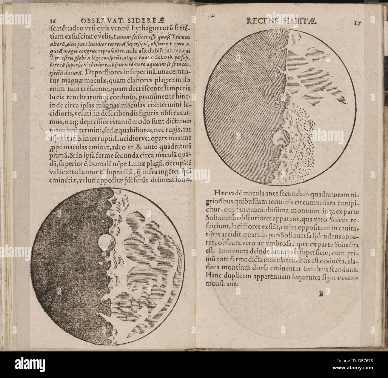 Foglia di libro Sidereus Nuncius (siderale Messenger) da Galileo Galilei, 1610. Artista: Galilei, Galileo (1564-1642) Foto Stock
