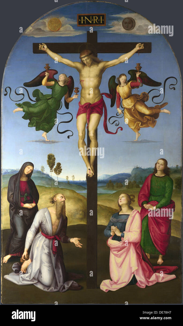 Il Cristo crocifisso con la Vergine Maria e i Santi e Angeli (Il Mond Crocifissione), 1502-1503. Artista: Raffaello (1483-1520) Foto Stock