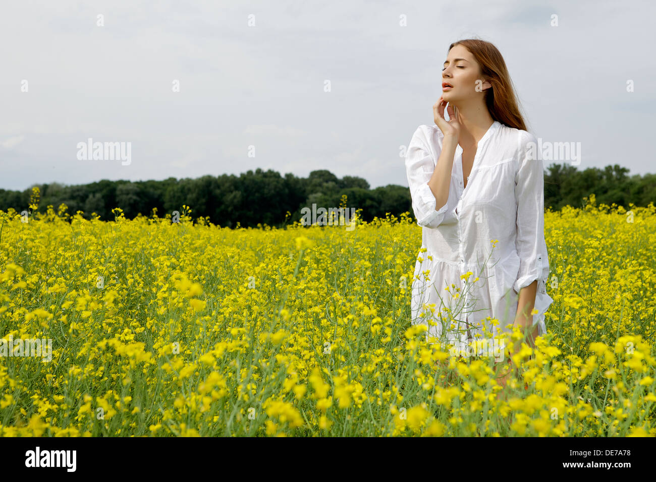Bella e sensualità brunette donna in un giallo Campo dei Fiori Foto Stock