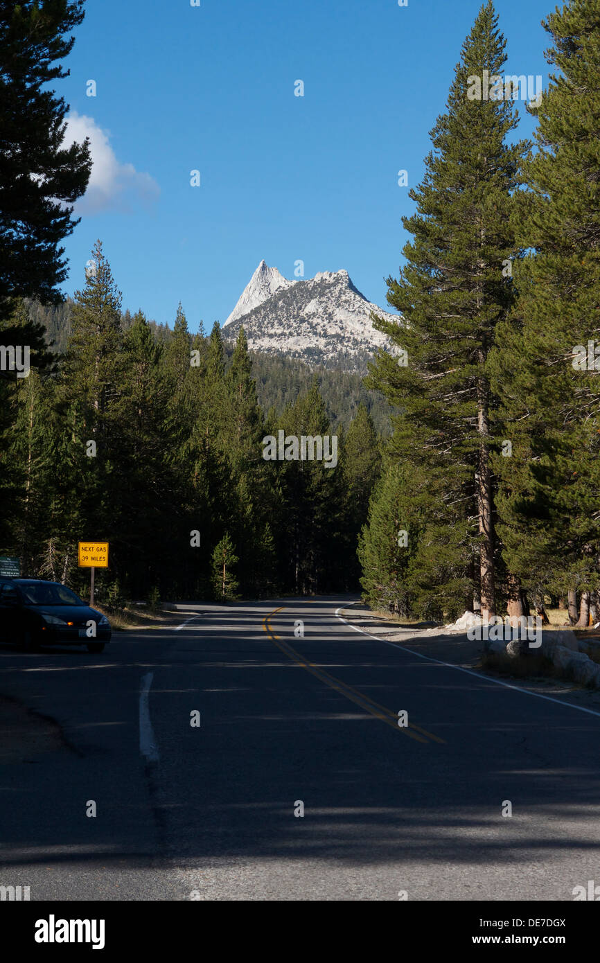 Autostrada 120 (Tioga road) scorre attraverso il Parco Nazionale di Yosemite alta del paese in prati Tuolumne su una calda giornata d'estate in 2013 Foto Stock