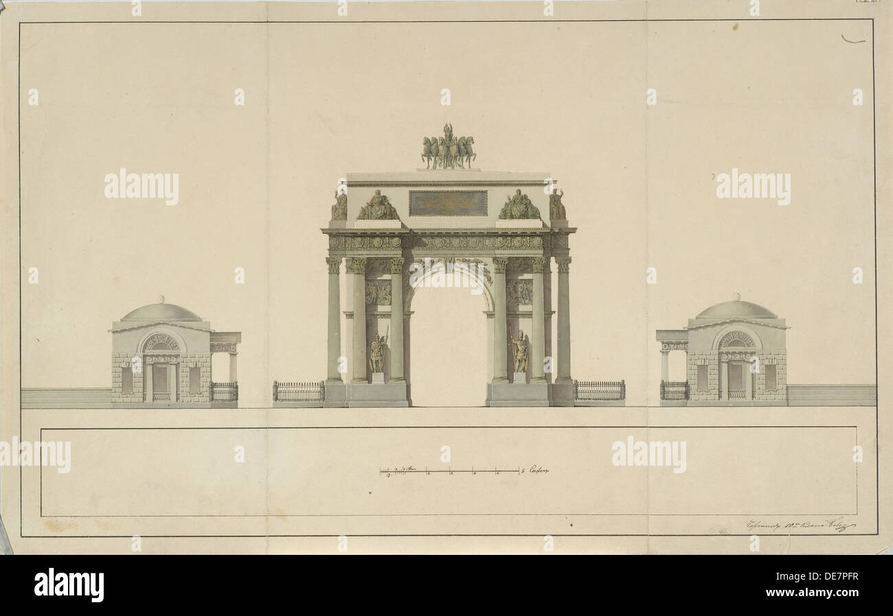 Arco Trionfale dalla Tverskaya Zastava a Mosca, 1826-1829. Artista: Bové (Bowe), Giuseppe (Osip Ivanovich) (1784-1834) Foto Stock