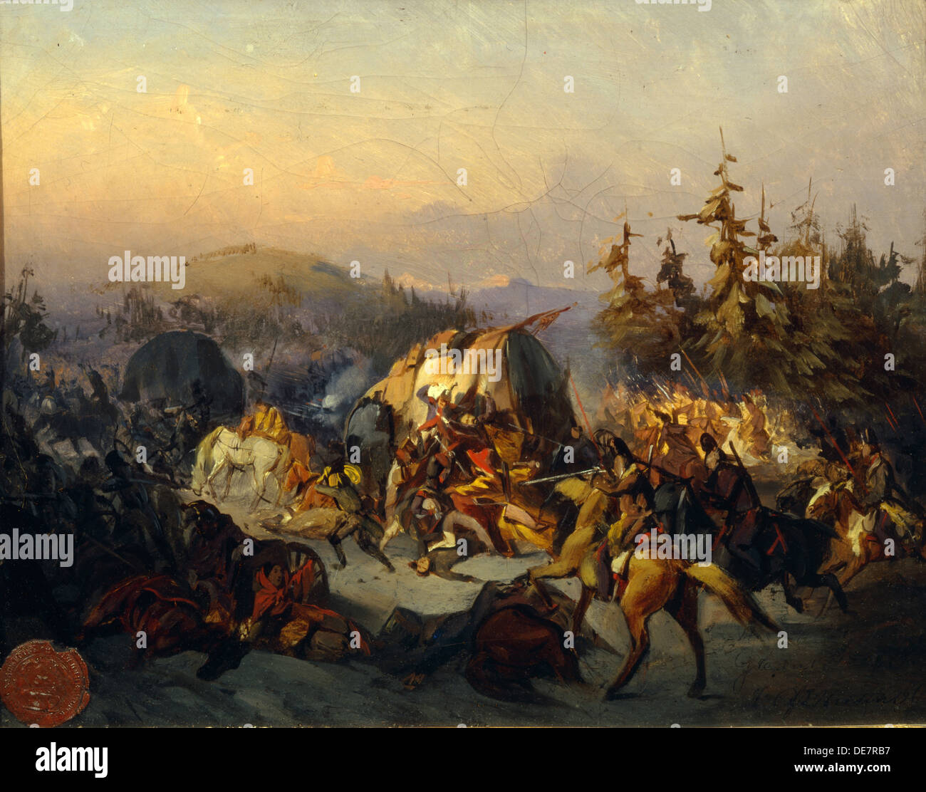 Cosacchi russi attaccare le truppe francesi in transito. Artista: Filippov, Konstantin Nikolayevich (1830-1878) Foto Stock