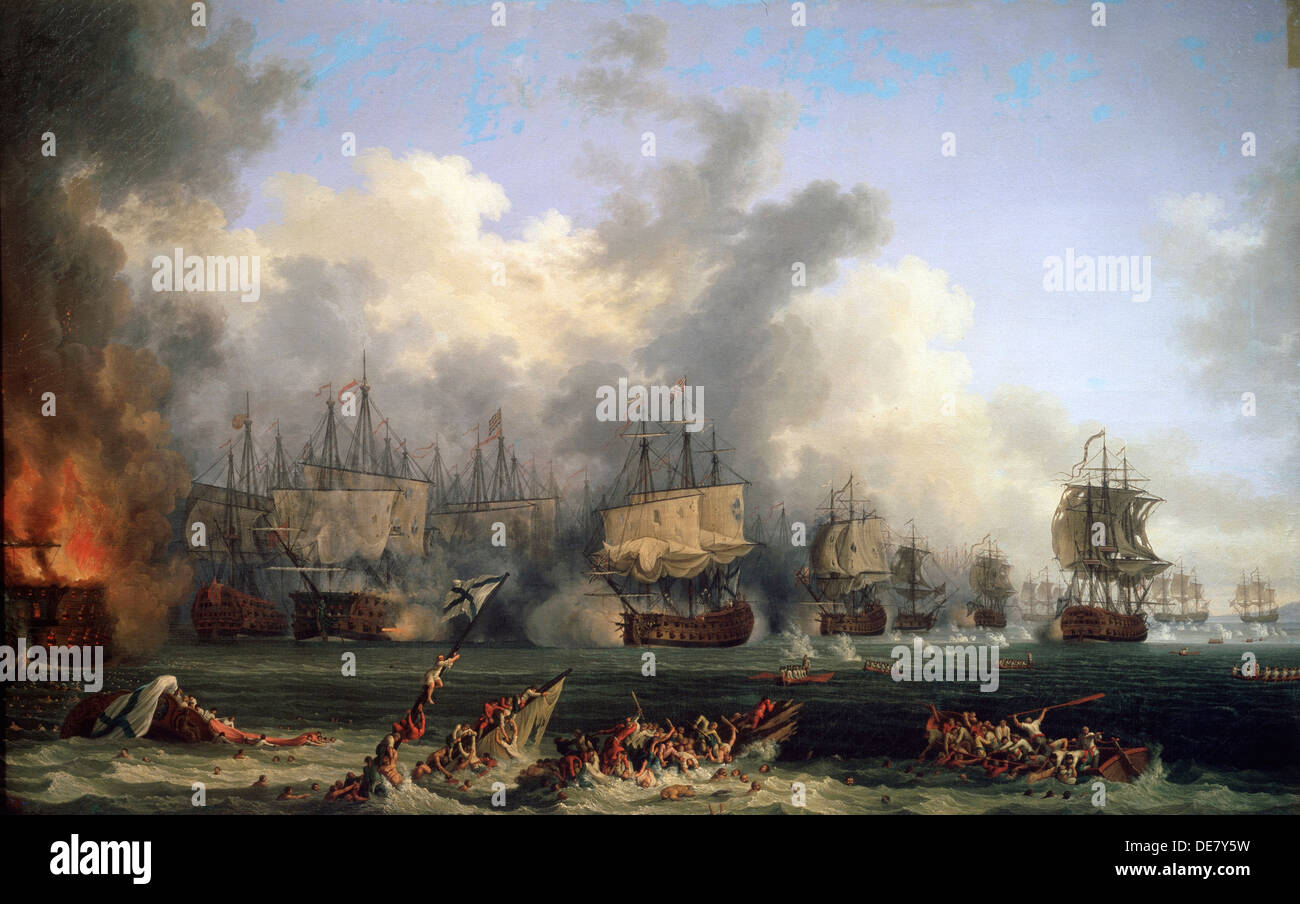 L'affondamento della corazzata russa St. Evstafius nella battaglia navale di Chesma, 1771. Foto Stock