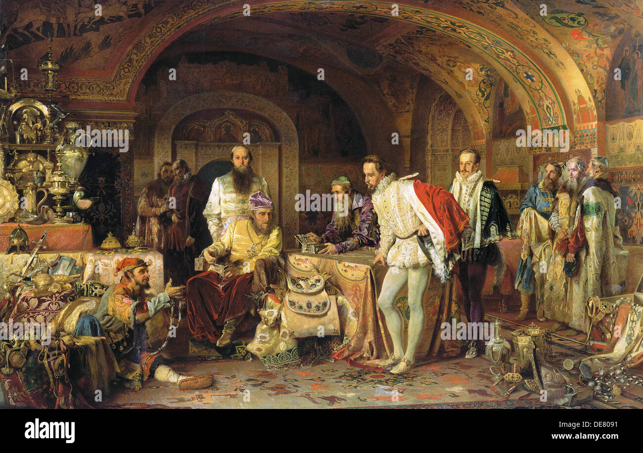 Ivan IV di Russia dimostra il suo tesoro di ambasciatore della regina Elisabetta I d'Inghilterra, 1875 Foto Stock