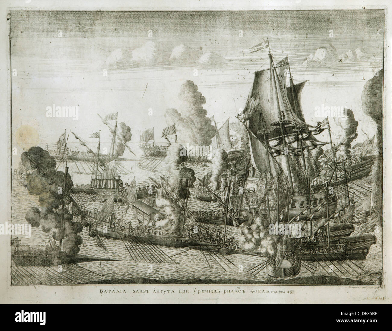 La battaglia navale di Gangut sulla luglio 27, 1714, 1715. Artista: Zubov, Alexei Fyodorovich (1682-dopo il 1750) Foto Stock