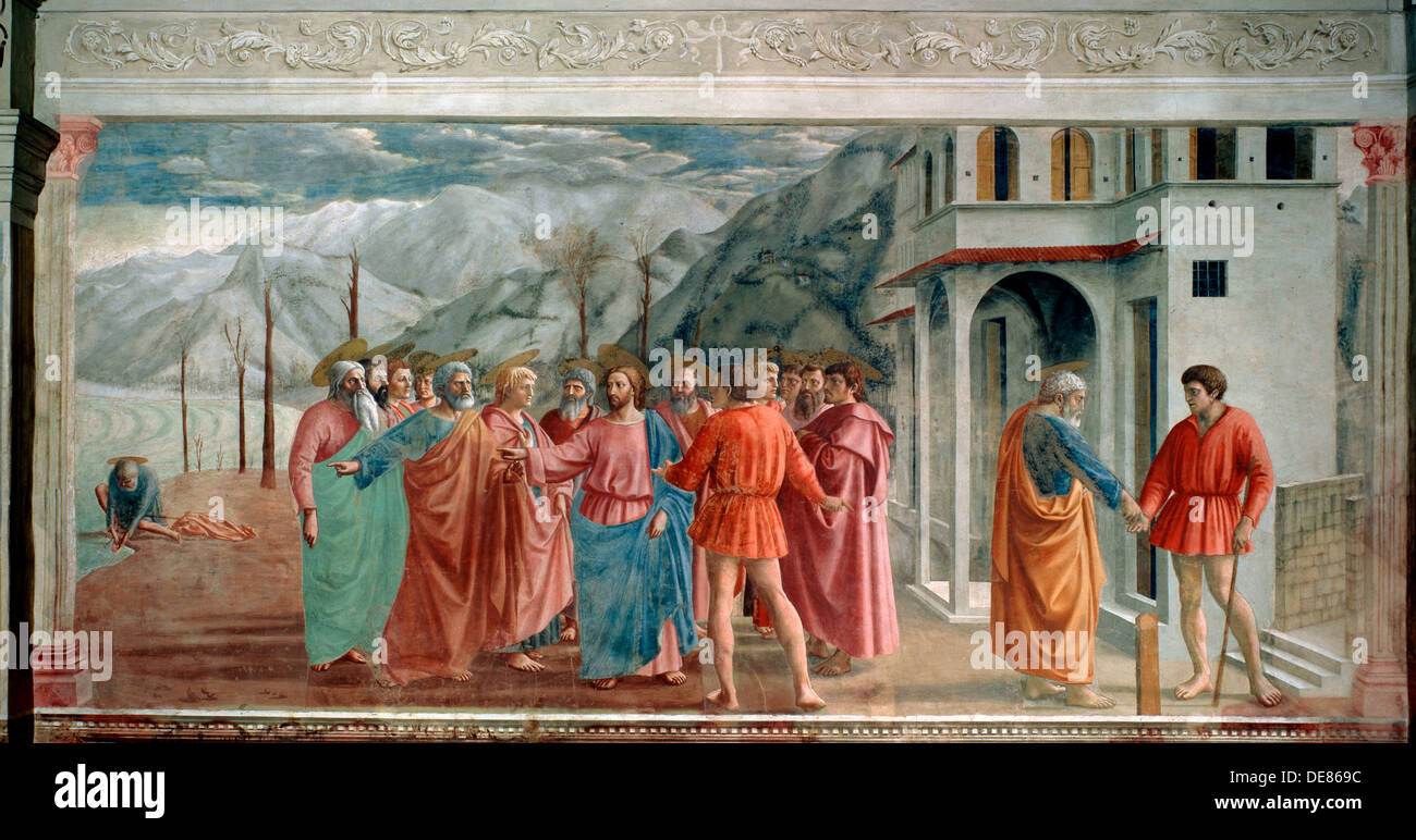 'L'Omaggio denaro", 1425. Artista: Masaccio Tommaso Foto Stock
