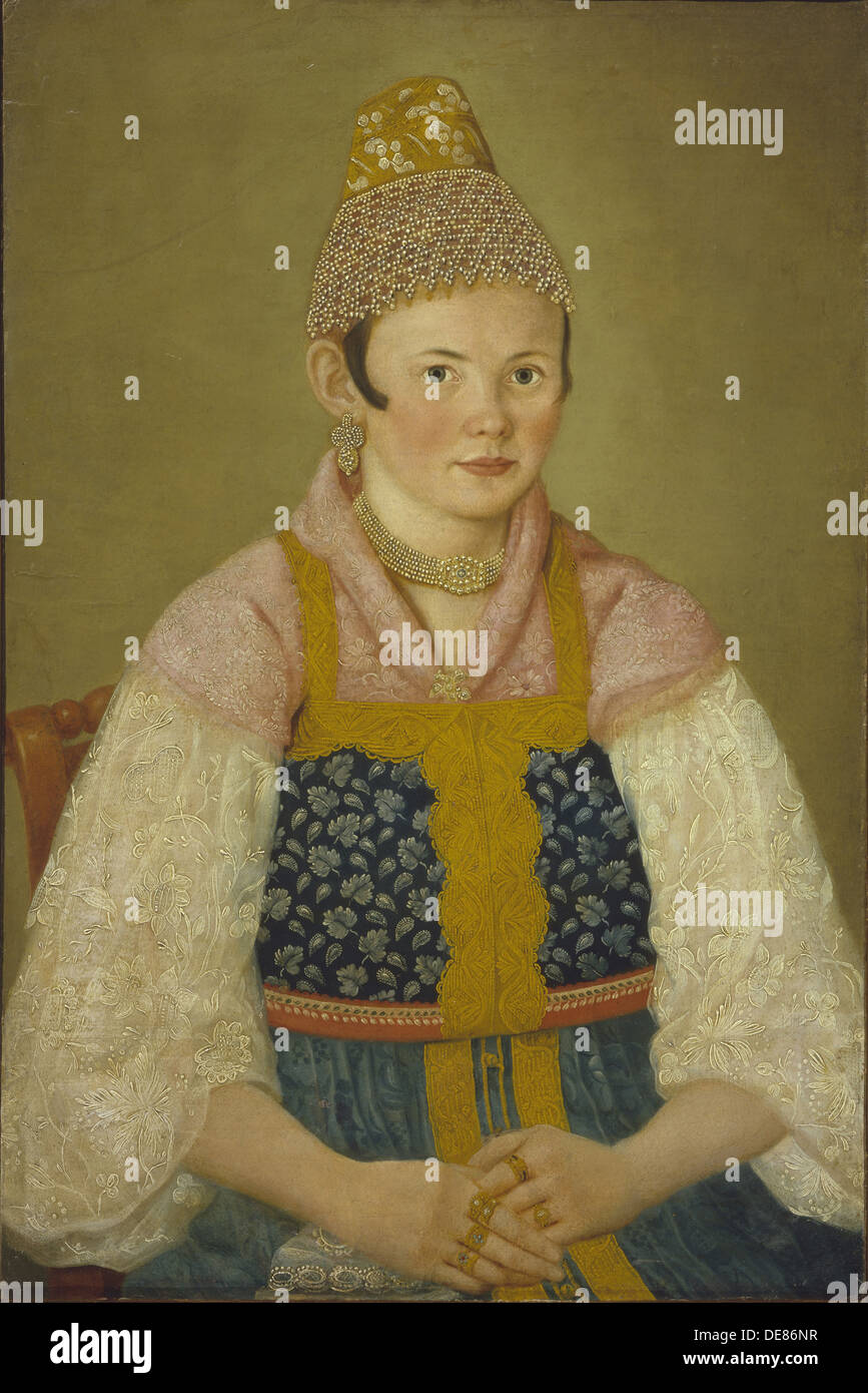 Ritratto di una donna mercantili in Kokoshnik Kabluchok. Artista: Anonimo Foto Stock
