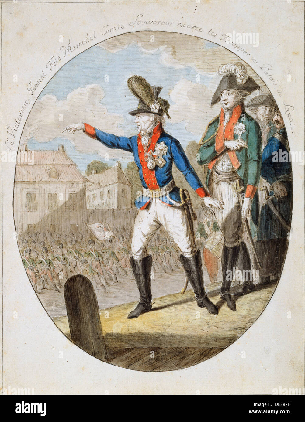 Il russo Maresciallo di Campo Alexander Suvorov truppe di ispezione, c1794. Artista: Anon Foto Stock