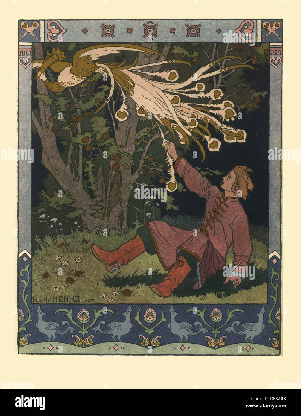Illustrazione per la fiaba di Ivan Tsarevich, il Firebird e il Lupo grigio, 1902. Artista: Bilibin, Ivan Yakovlevich (1876-1942) Foto Stock