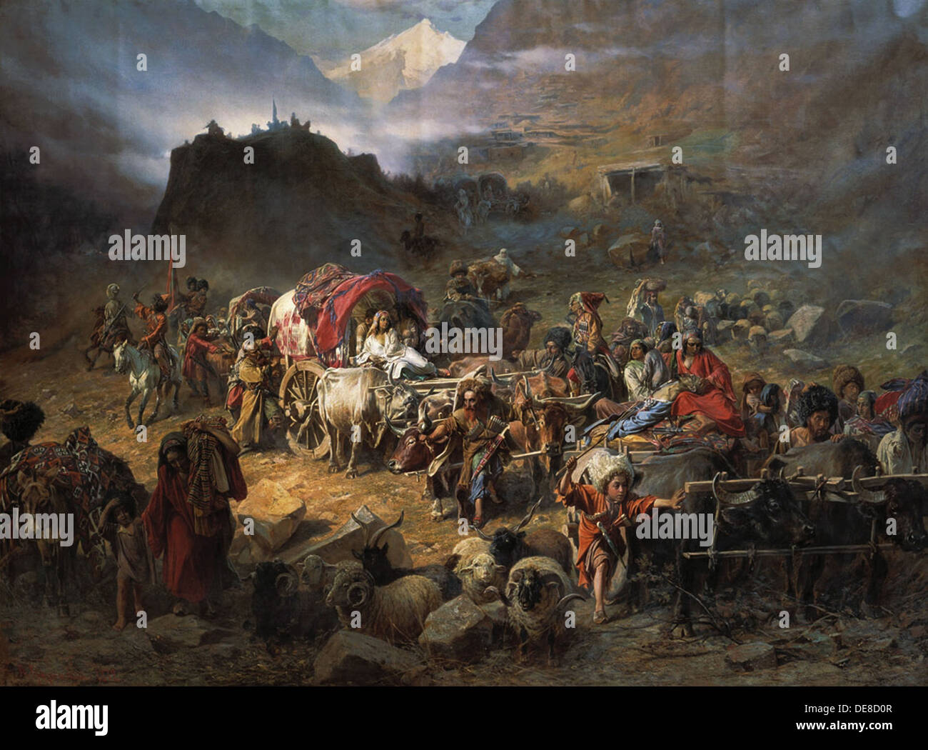 Gli alpinisti lasciare l'aul prima di approccio dell'esercito russo, 1872. Artista: Grusinsky, Pyotr Nikolayevich (1837-1892) Foto Stock