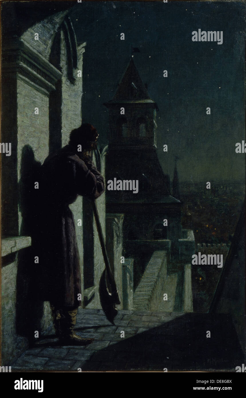 Strelets sul Cremlino di Mosca a torre di notte di luna, 1890s. Artista: Matveyev, Nikolai Sergeyevich (1855-1939) Foto Stock