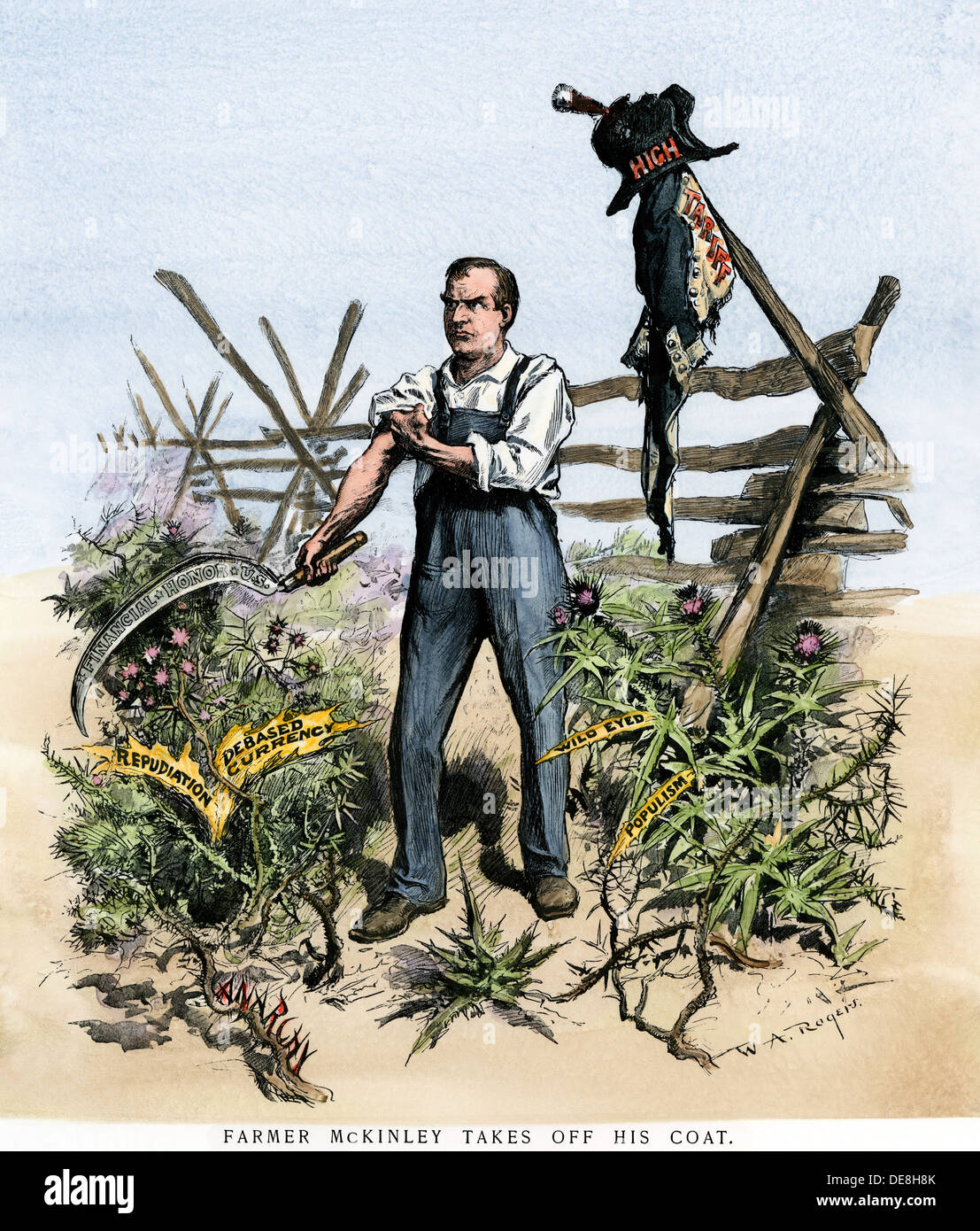 "Agricoltore McKinley toglie il suo cappotto' cartoon circa il presidente McKinley epurazione dei problemi, 1896. Colorate a mano la xilografia Foto Stock