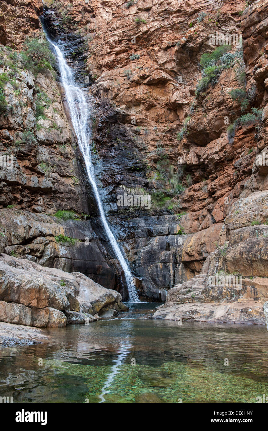 Alta cascata cade una rupe in un pool, Swartberg mountain range, Western Cape, Sud Africa Foto Stock