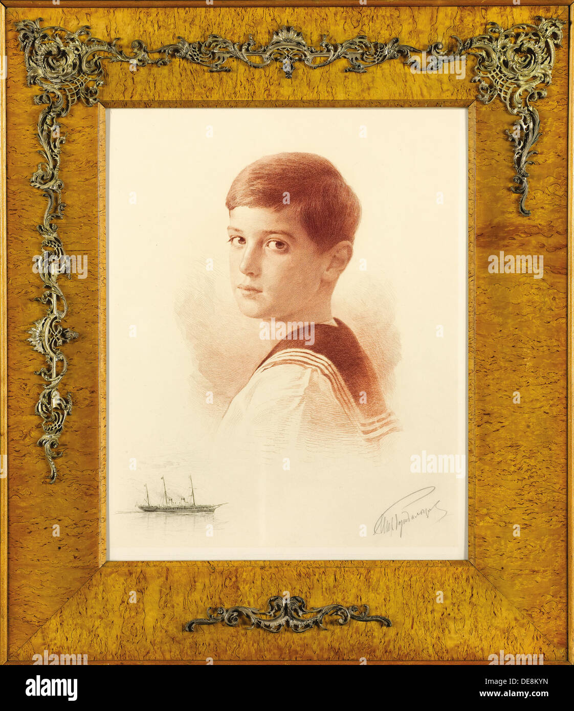 Ritratto del successore al trono Tsarevich Alexei Nikolaevich della Russia con un remarque raffigurazione del Imperial Yacht , 1913. Artista: Rundalt Foto Stock