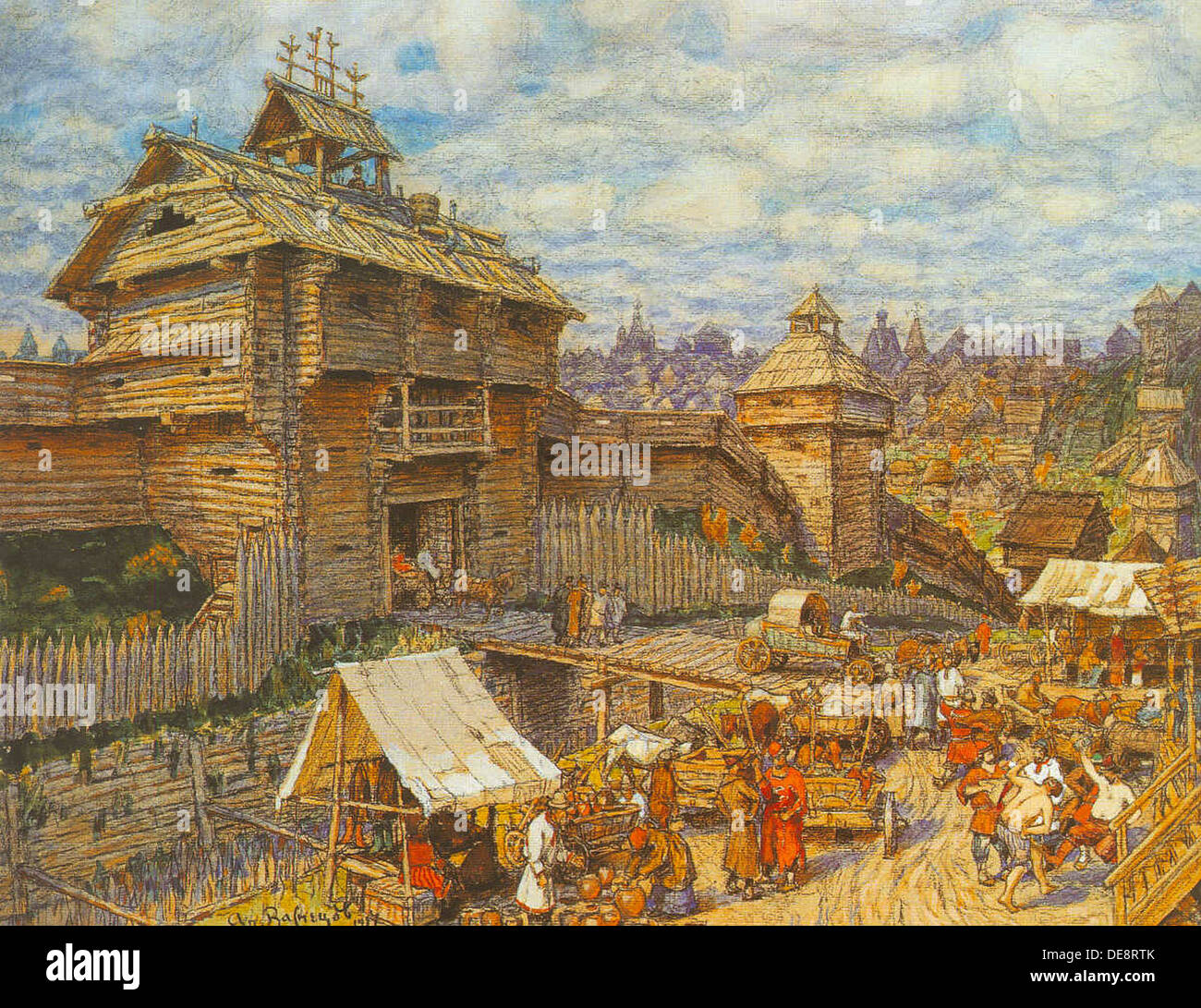 La città di legno di Mosca nel XIV secolo. Artista: Vasnetsov, Appolinari Mikhaylovich (1856-1933) Foto Stock