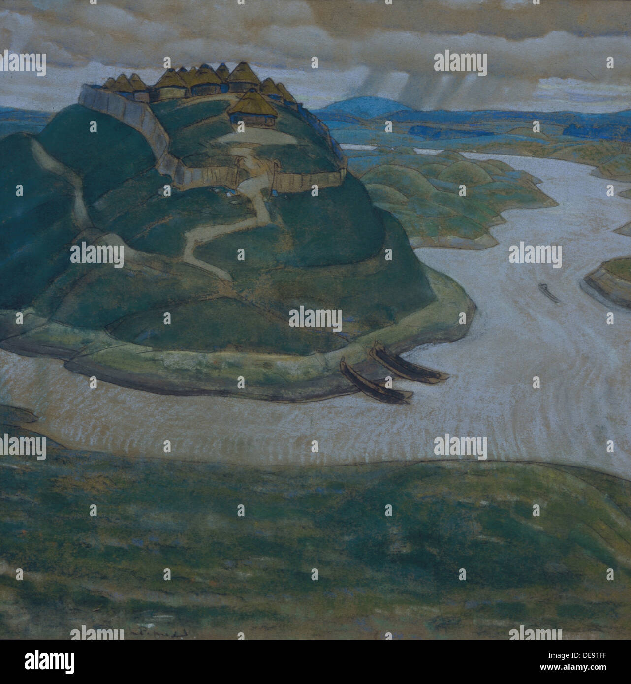 Gorodishche (vecchio slavo insediamento fortificato.). Artista: Roerich, Nicholas (1874-1947) Foto Stock