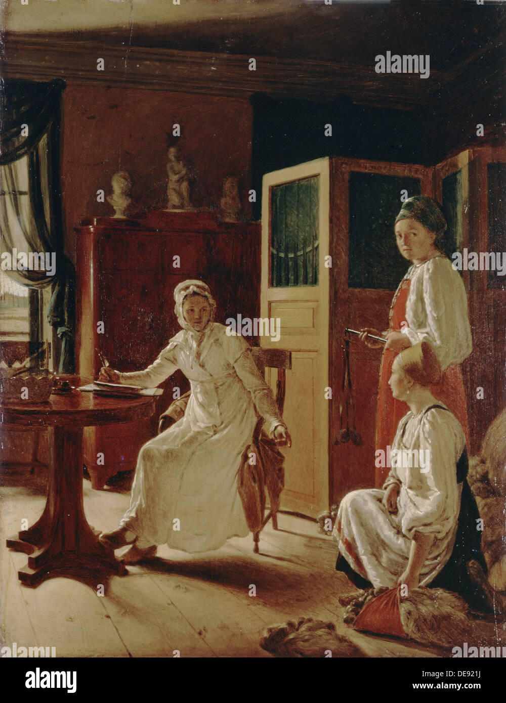 Mattina della signora della Manor, 1823. Artista: Venetsianov, Alexei Gavrilovich (1780-1847) Foto Stock