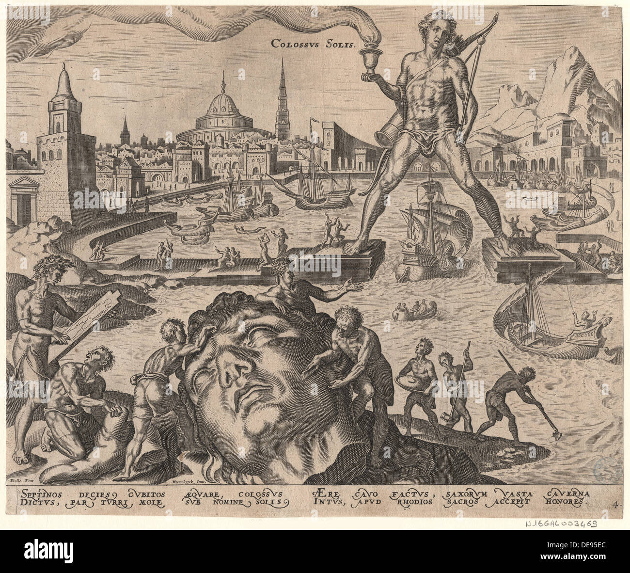 Il Colosso di Rodi (dalla serie l'ottava meraviglia del mondo) Dopo Maarten van Heemskerck, 1572. Artista: Galle, Philipp (1537-1612) Foto Stock