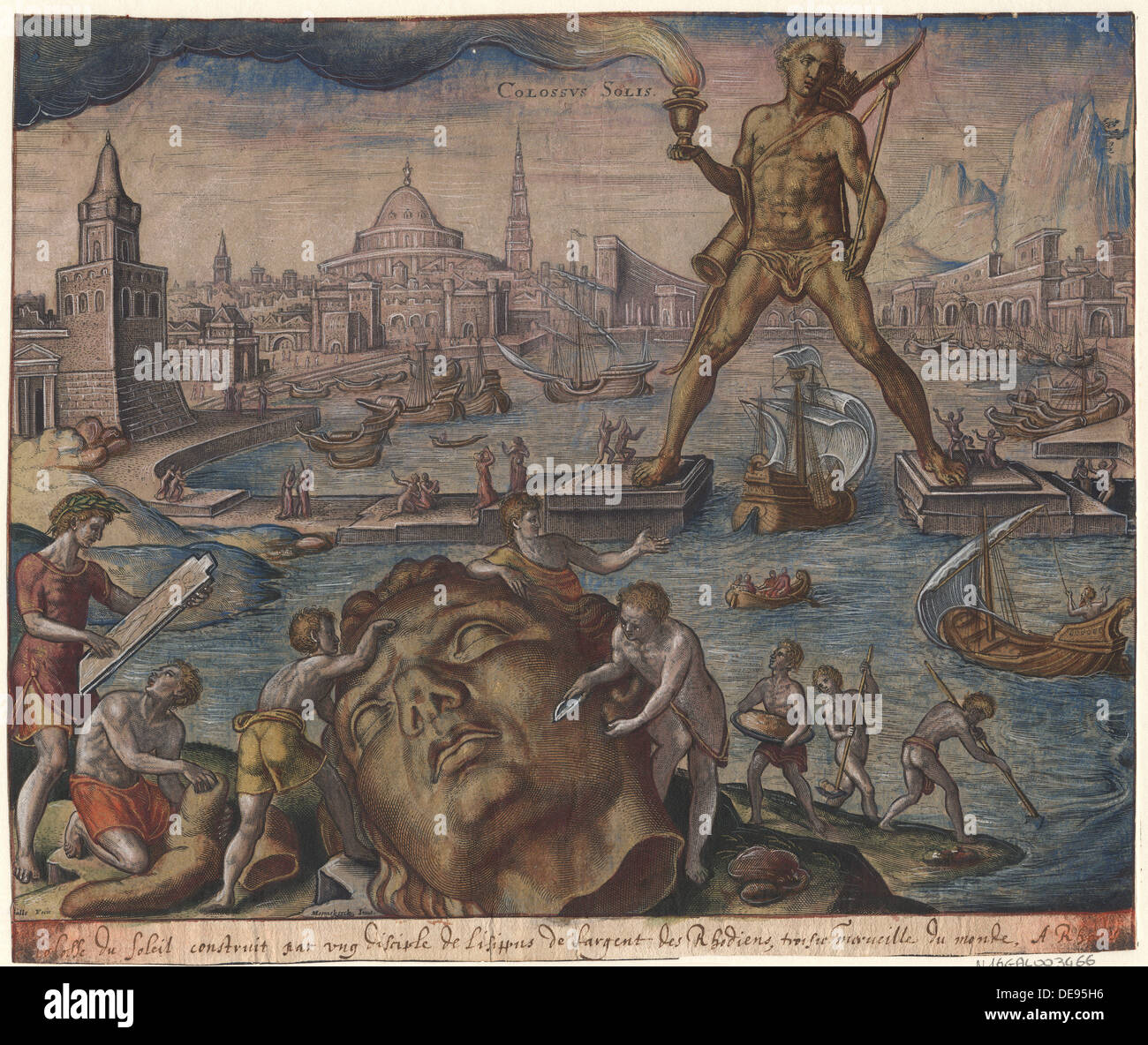 Il Colosso di Rodi (dalla serie l'ottava meraviglia del mondo) Dopo Maarten van Heemskerck, 1572. Artista: Galle, Philipp (1537-1612) Foto Stock