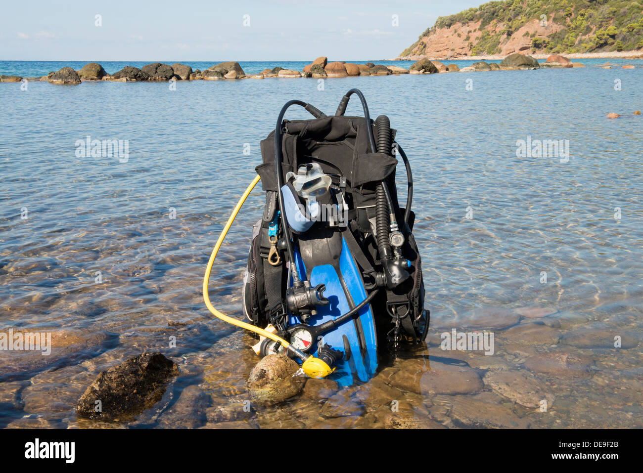 Set di Scuba Diving kit set up ready per un tuffo Foto Stock