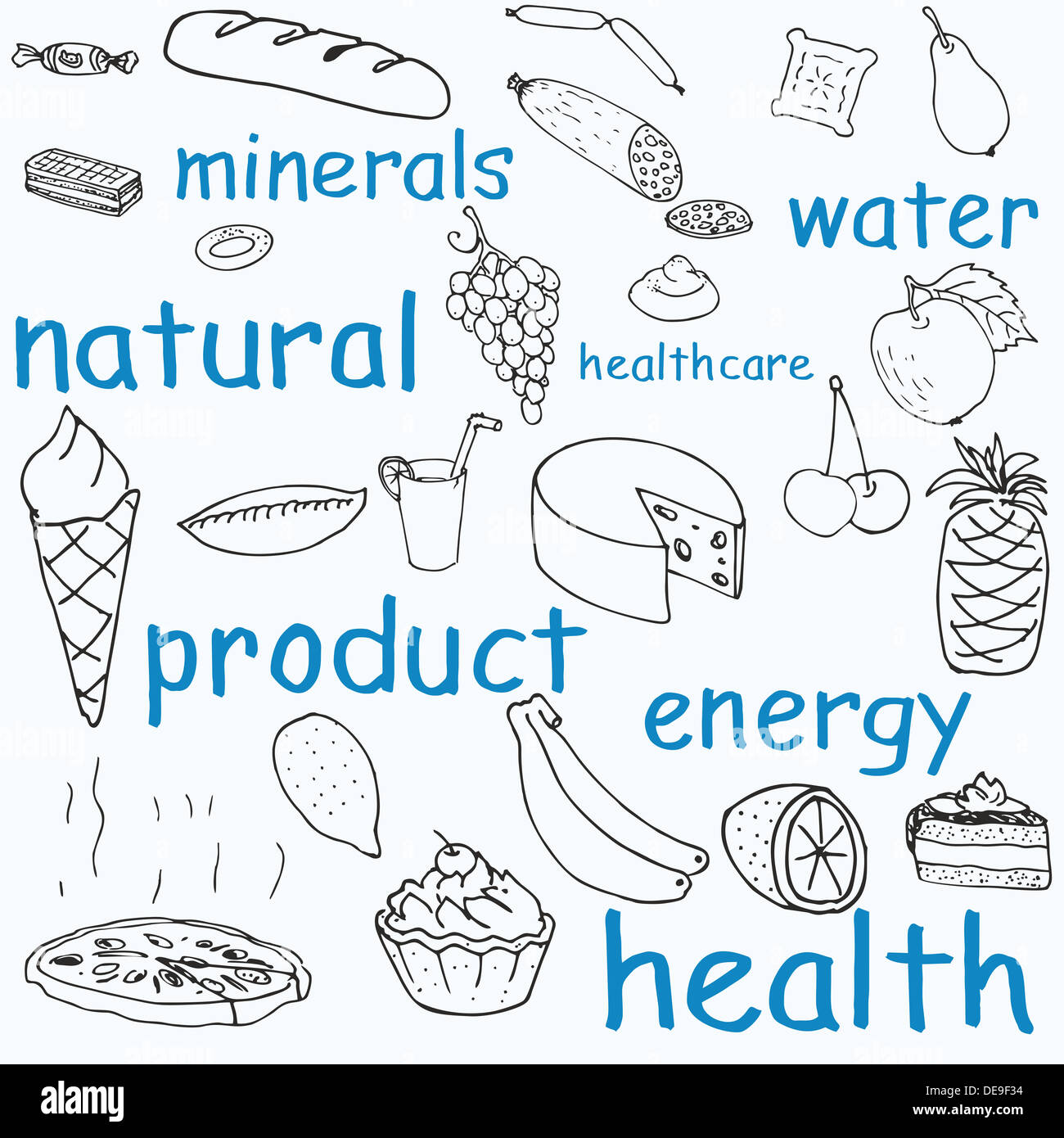 Illustrazione del vettore alimentare scarabocchi set . Foto Stock
