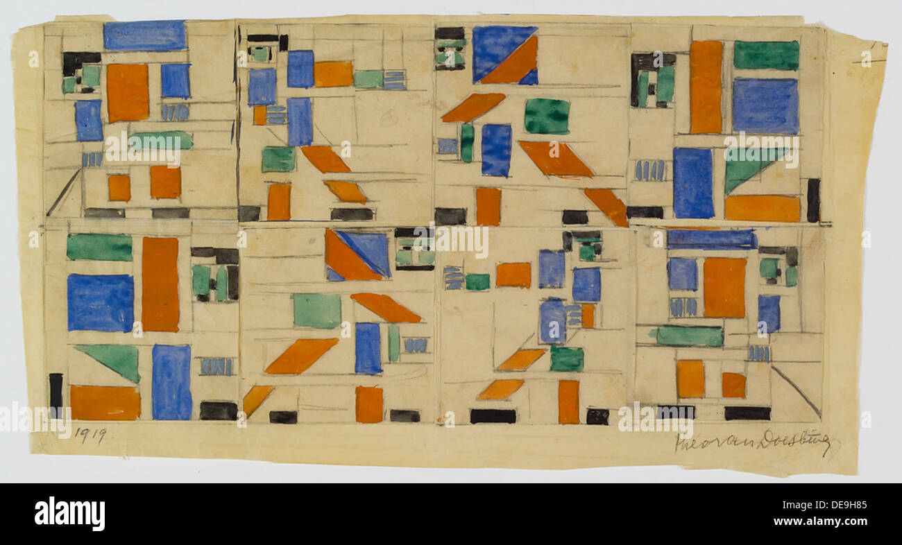 Questa composizione di luci di piombo presenta un complesso design in vetro colorato, comunemente usato sia nell'architettura residenziale che religiosa. L'opera d'arte comprende pezzi di vetro colorati disposti in un motivo decorativo, creando una vivace e artistica vetrata. Foto Stock