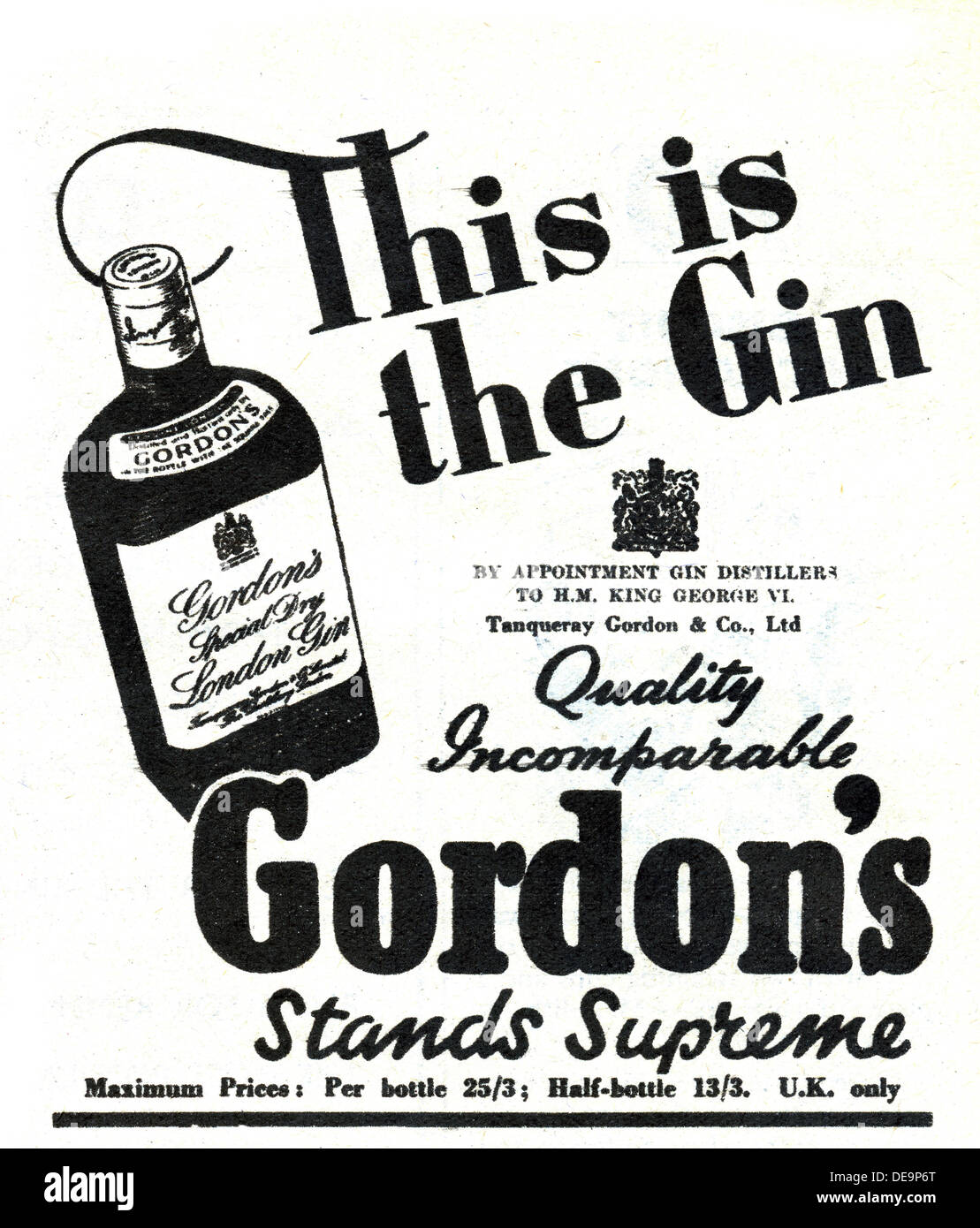 1946 annuncio pubblicitario per il gin Gordon's Foto Stock