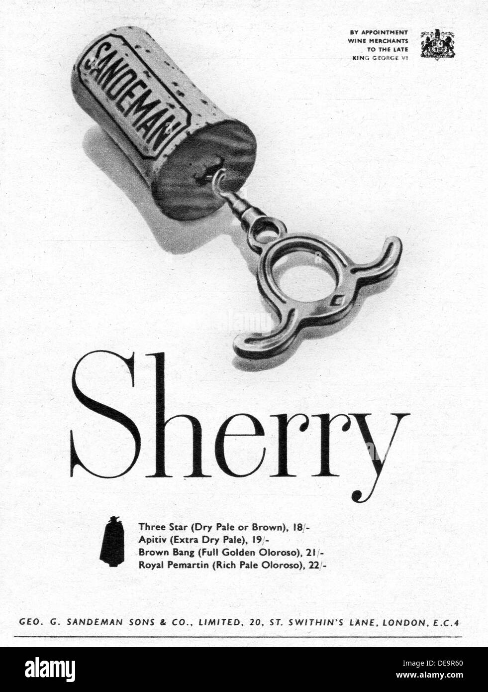 1953 annuncio del Regno Unito per lo sherry Sandeman Foto Stock