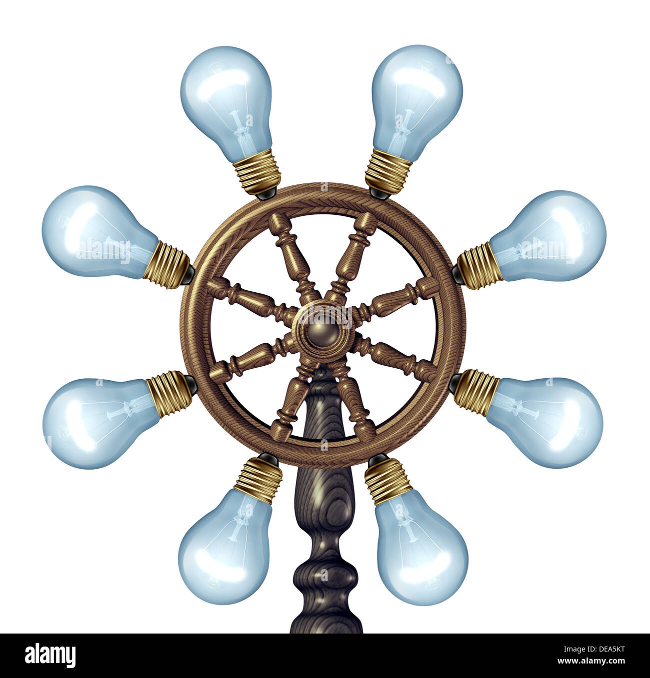 Controllo creativo del concetto di business con una nave marina sterzo e la navigazione di una ruota realizzata con un gruppo di vetro illuminato lampadine della luce come un simbolo per linee guida creative e di direzione innovazione viaggio. Foto Stock