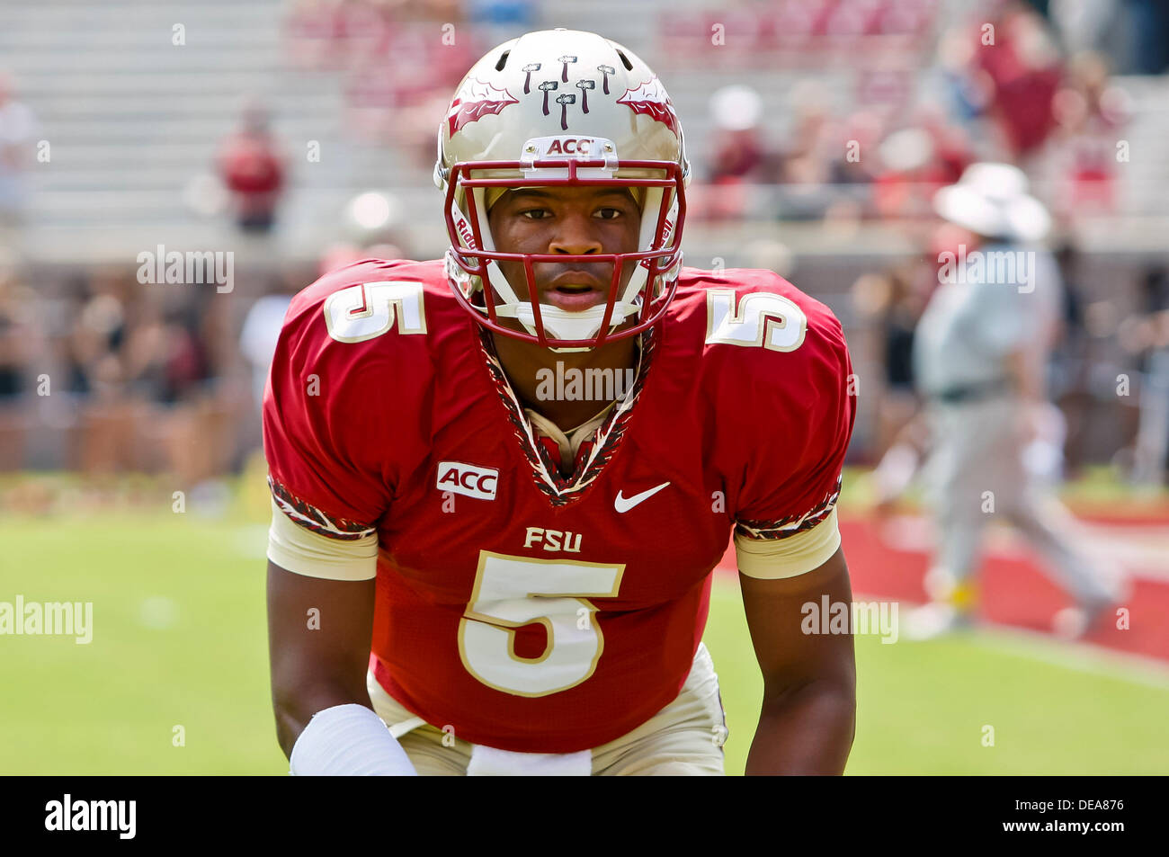 14 settembre 2013: Florida State Seminoles quarterback Jameis Winston (5) si riscalda prima di iniziare il gioco tra la Florida State Seminoles e il Nevada Wolf Pack a Doak S. Campbell Stadium. Florida stato sconfitto Nevada 62-7. Foto Stock