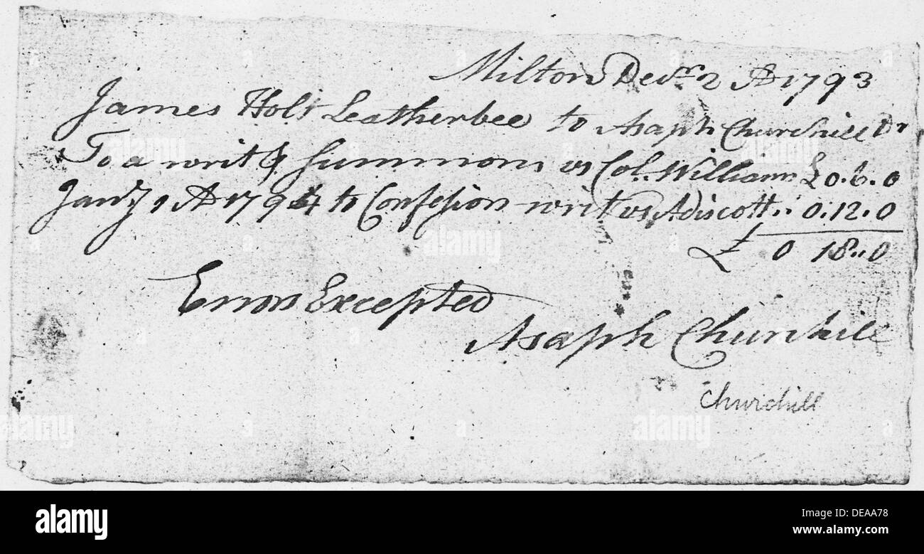 Questo documento storico è una ricevuta emessa ad Asaph Churchill il 2 dicembre 1793. Fornisce uno sguardo alle prime transazioni finanziarie americane durante il periodo post-rivoluzionario. Foto Stock