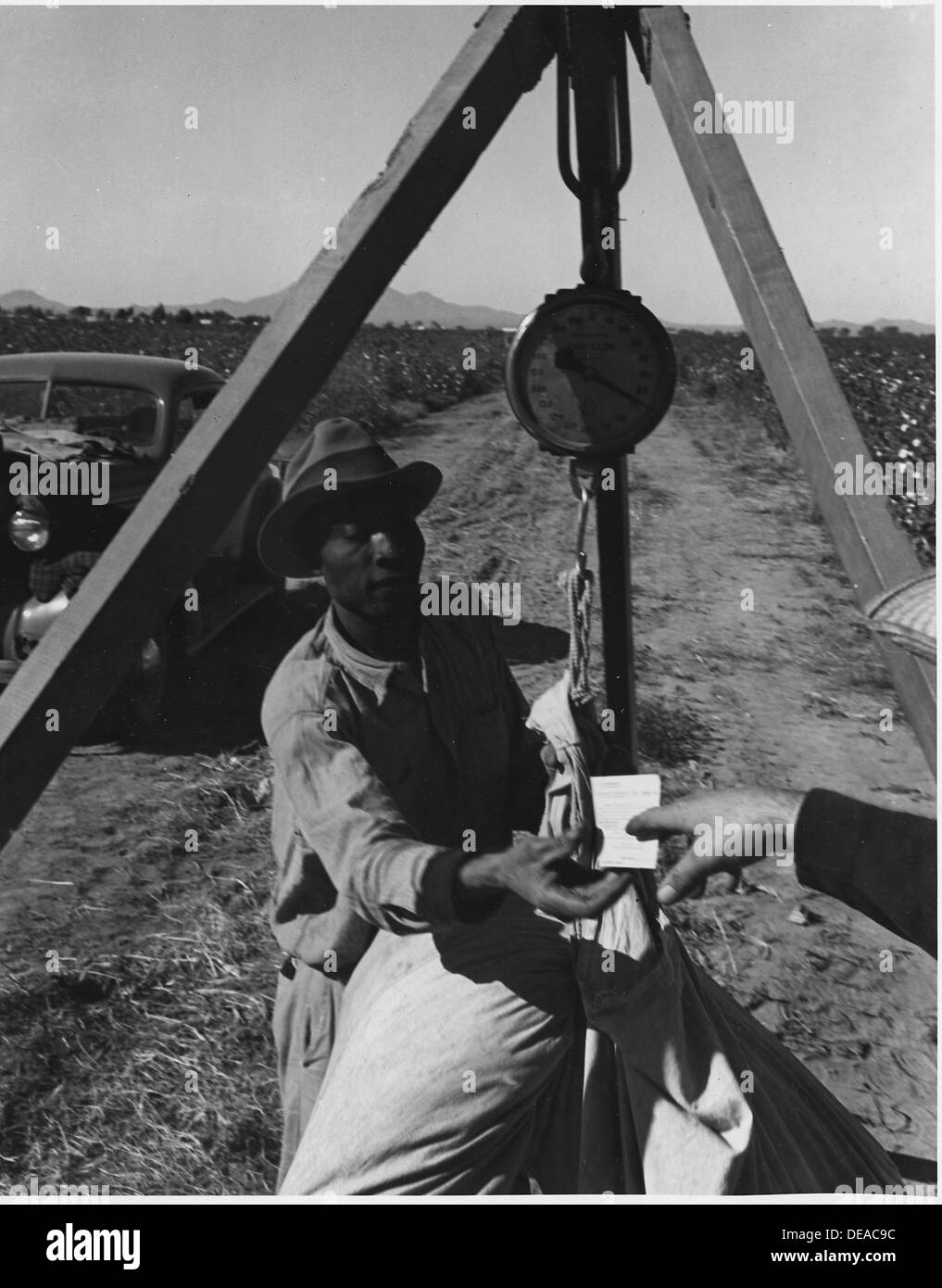 Un lavoratore agricolo della Cortaro Farms, nella contea di Pinal, Arizona, riceve un biglietto da punzonare come parte del suo lavoro nel sistema agricolo della fattoria. Foto Stock