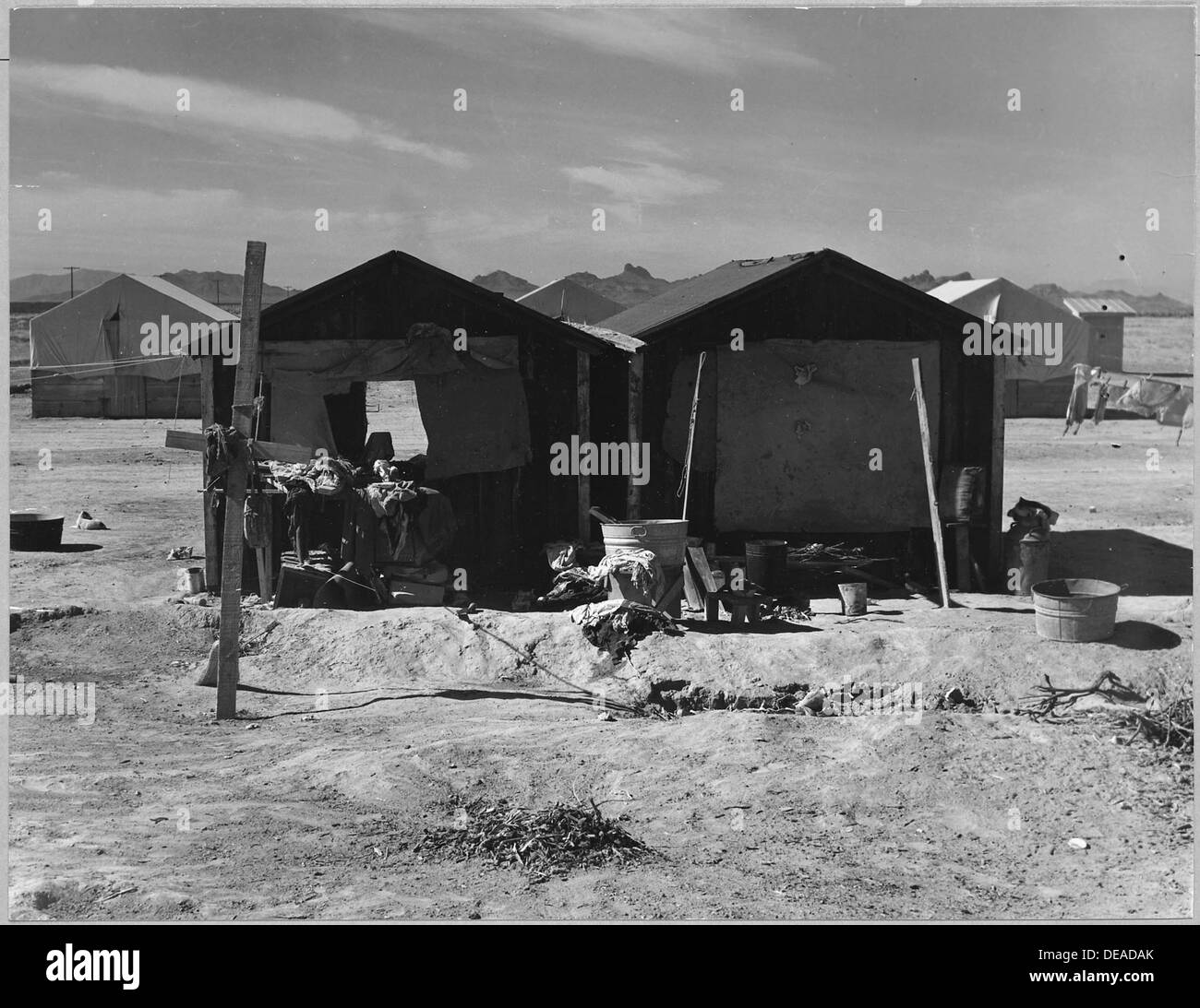 Una vista ravvicinata di un rifugio in un campo coltivatore per raccoglitori di cotone nel distretto di Eloy della contea di Pinal, Arizona, che illustra le condizioni di lavoro nei campi di lavoro agricoli. Foto Stock